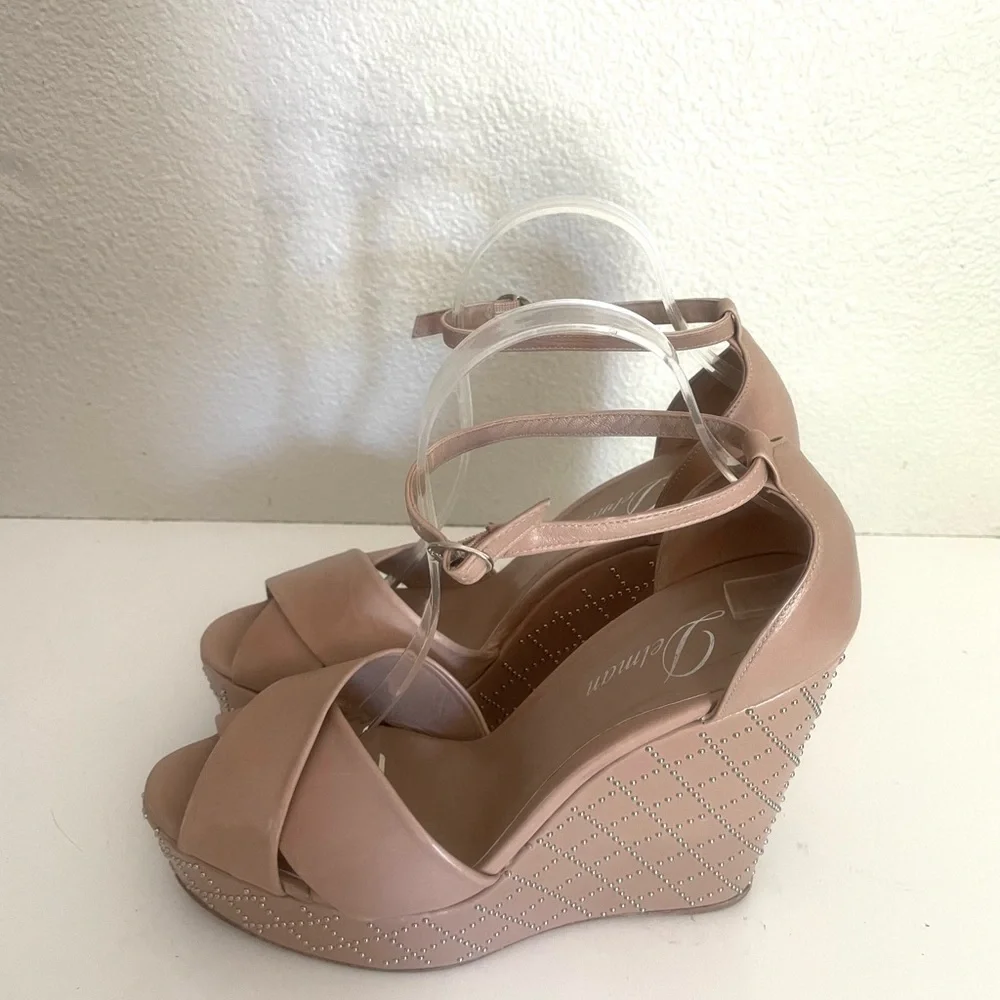 DELMAN taupe open toe studded leather platform wedge sandal size 10